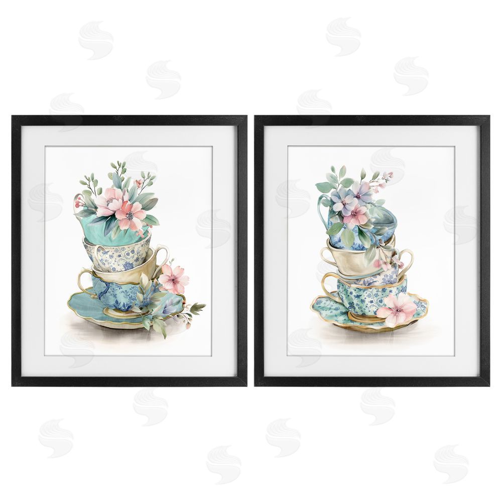Kim Allen Stacked Teacup Chinoiserie Black Framed Print Under Glass Wall Art