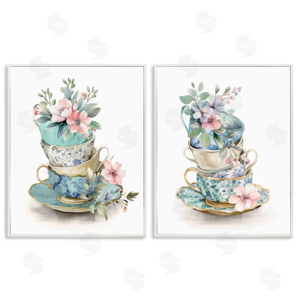 Kim Allen Stacked Teacup Chinoiserie White Framed Giclee Wall Art Print