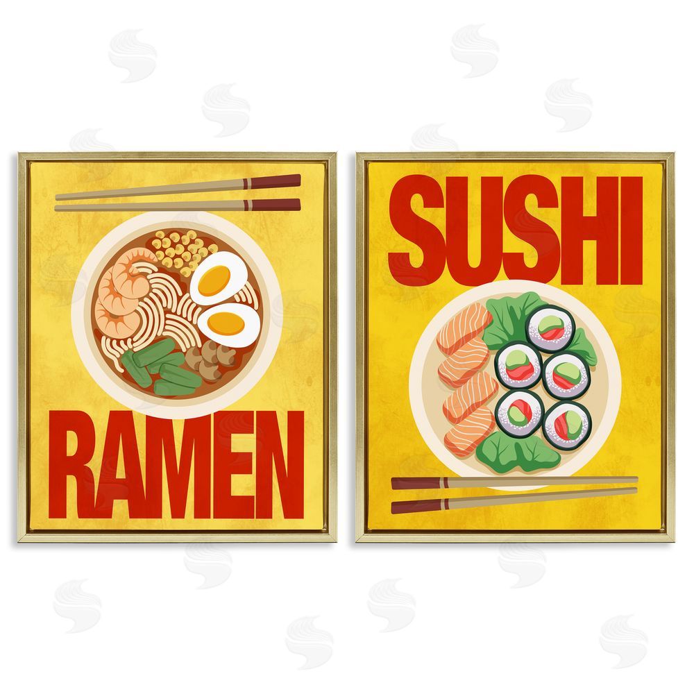 A.D. Lines Ramen & Sushi Japanese Cuisine Gold Floating Frame Canvas Wall Art Print