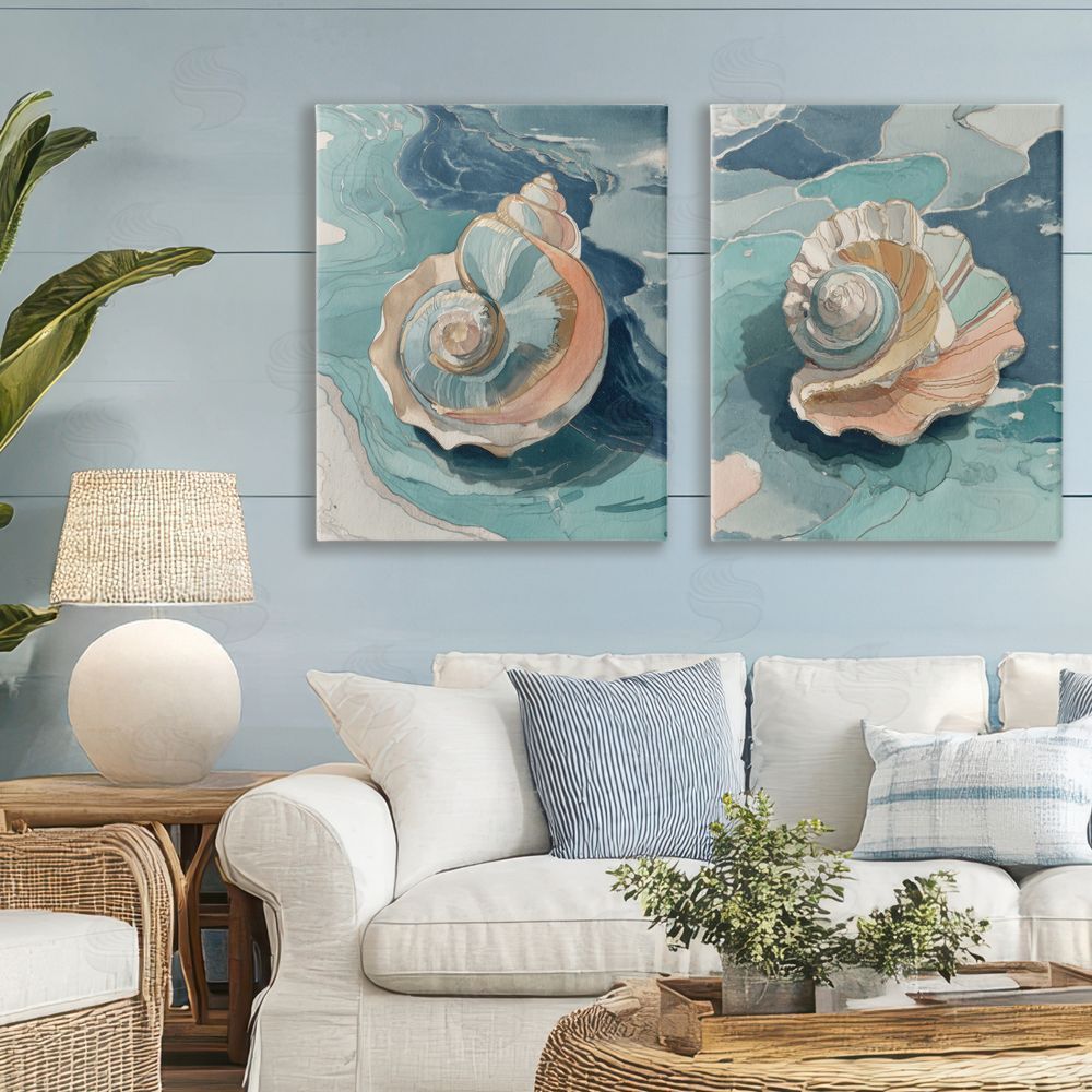 Paula Freeman Coastal Seashell Spiral on Teal Stretched Cavas Wall Art Set in Room