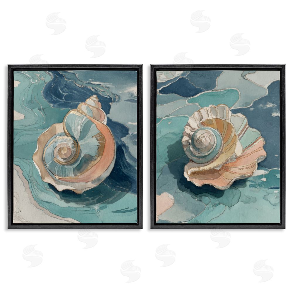 Paula Freeman Coastal Seashell Spiral on Teal Black Floating Frame Canvas Wall Art Print