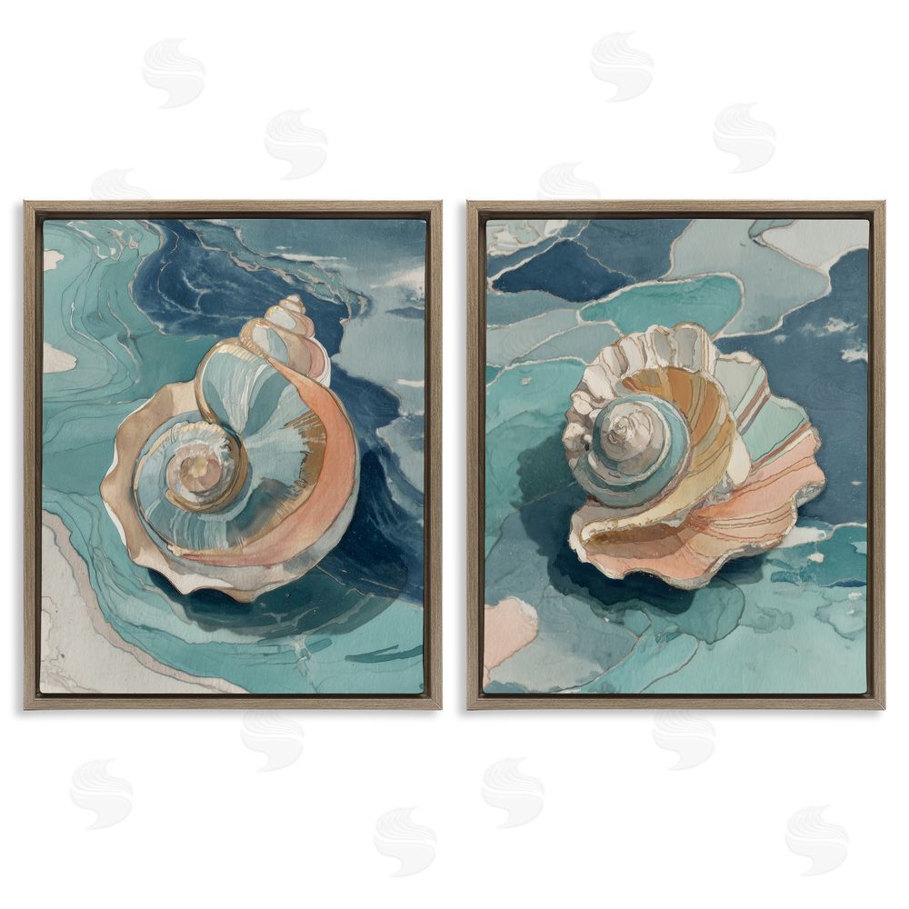 Paula Freeman Coastal Seashell Spiral on Teal Brown Floating Frame Canvas Wall Art Print