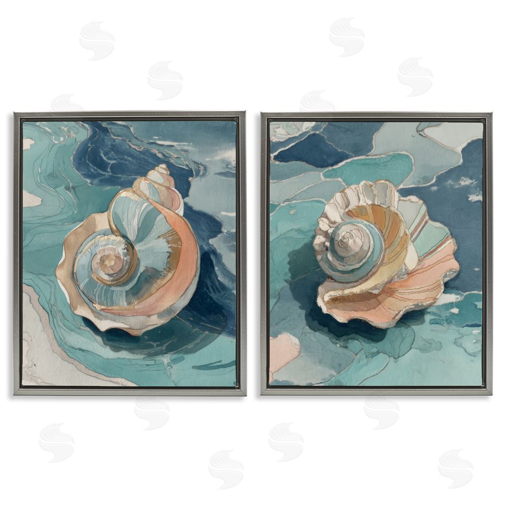 Paula Freeman Coastal Seashell Spiral on Teal Gray Floating Frame Canvas Wall Art Print