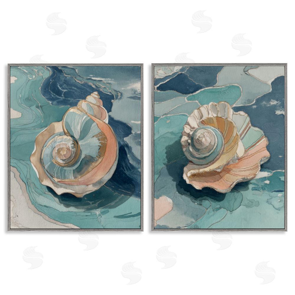 Paula Freeman Coastal Seashell Spiral on Teal Gray Framed Giclee Wall Art Print