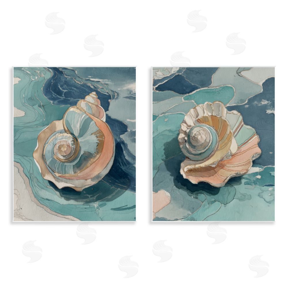 Paula Freeman Coastal Seashell Spiral on Teal Wooden Wall Plaque Art Print