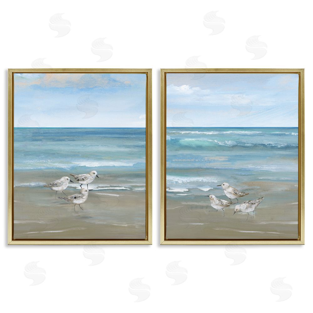 Nan Seaside Sanderlings at Dawn Gold Floating Frame Canvas Wall Art Print