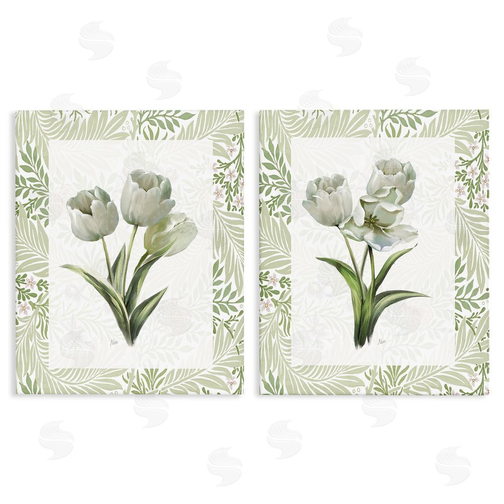 Nan Soft Green Tulip Trios Stretched Canvas Wall Art Print