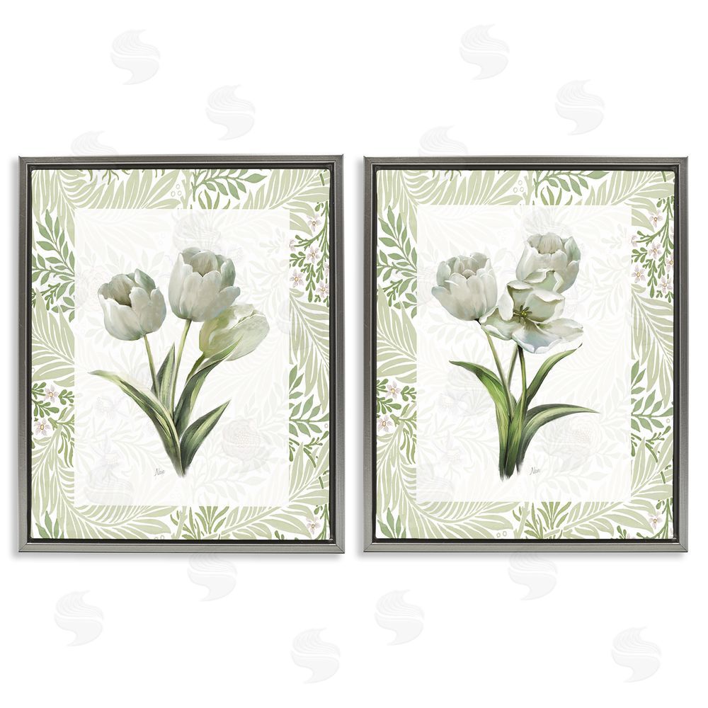 Nan Soft Green Tulip Trios Gray Floating Frame Canvas Wall Art Print