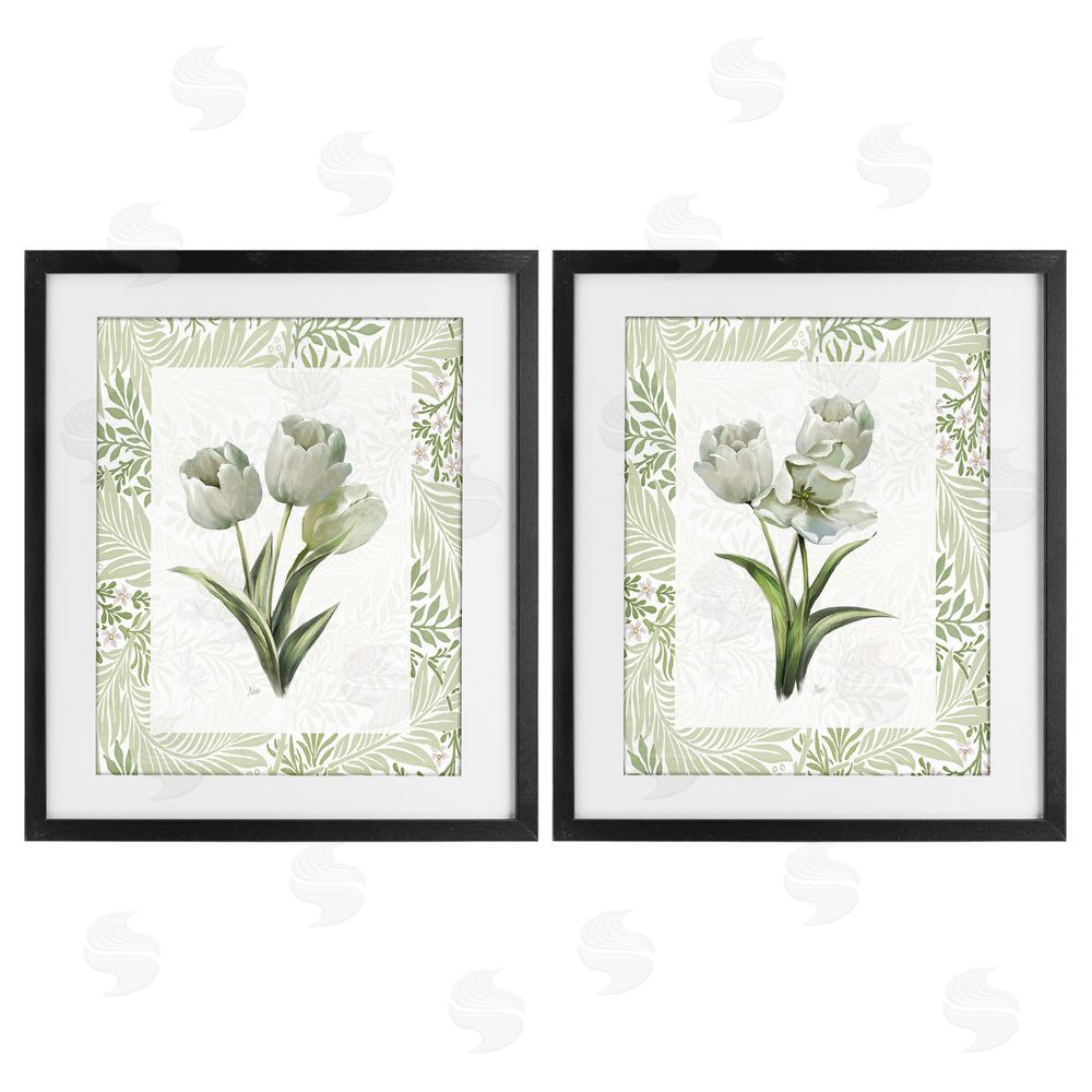 Nan Soft Green Tulip Trios Black Framed Print Under Glass Wall Art
