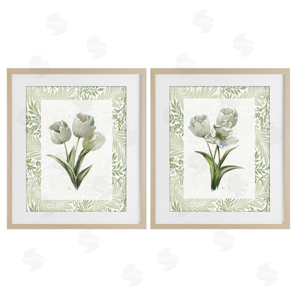 Nan Soft Green Tulip Trios Brown Framed Print Under Glass Wall Art