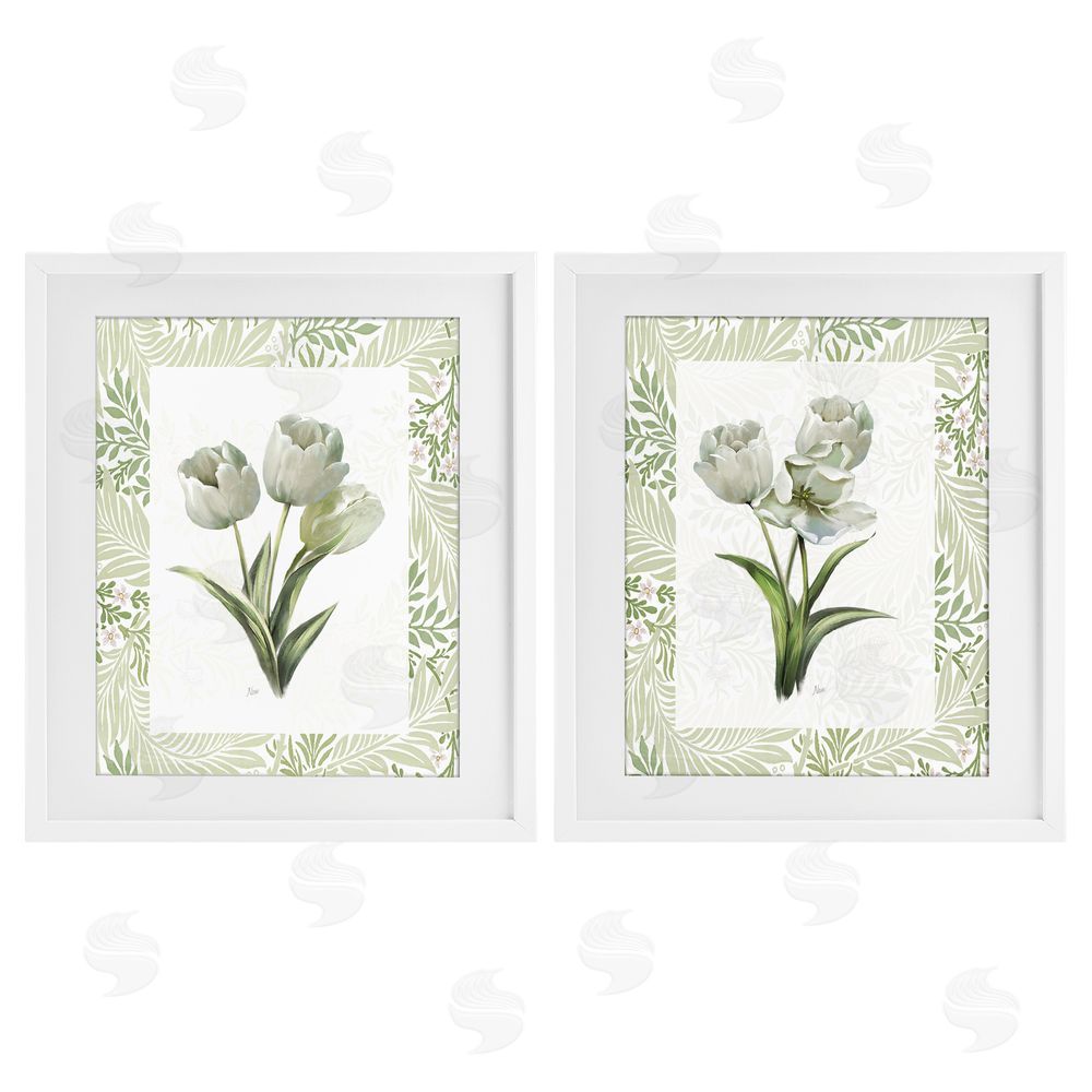 Nan Soft Green Tulip Trios White Framed Print Under Glass Wall Art