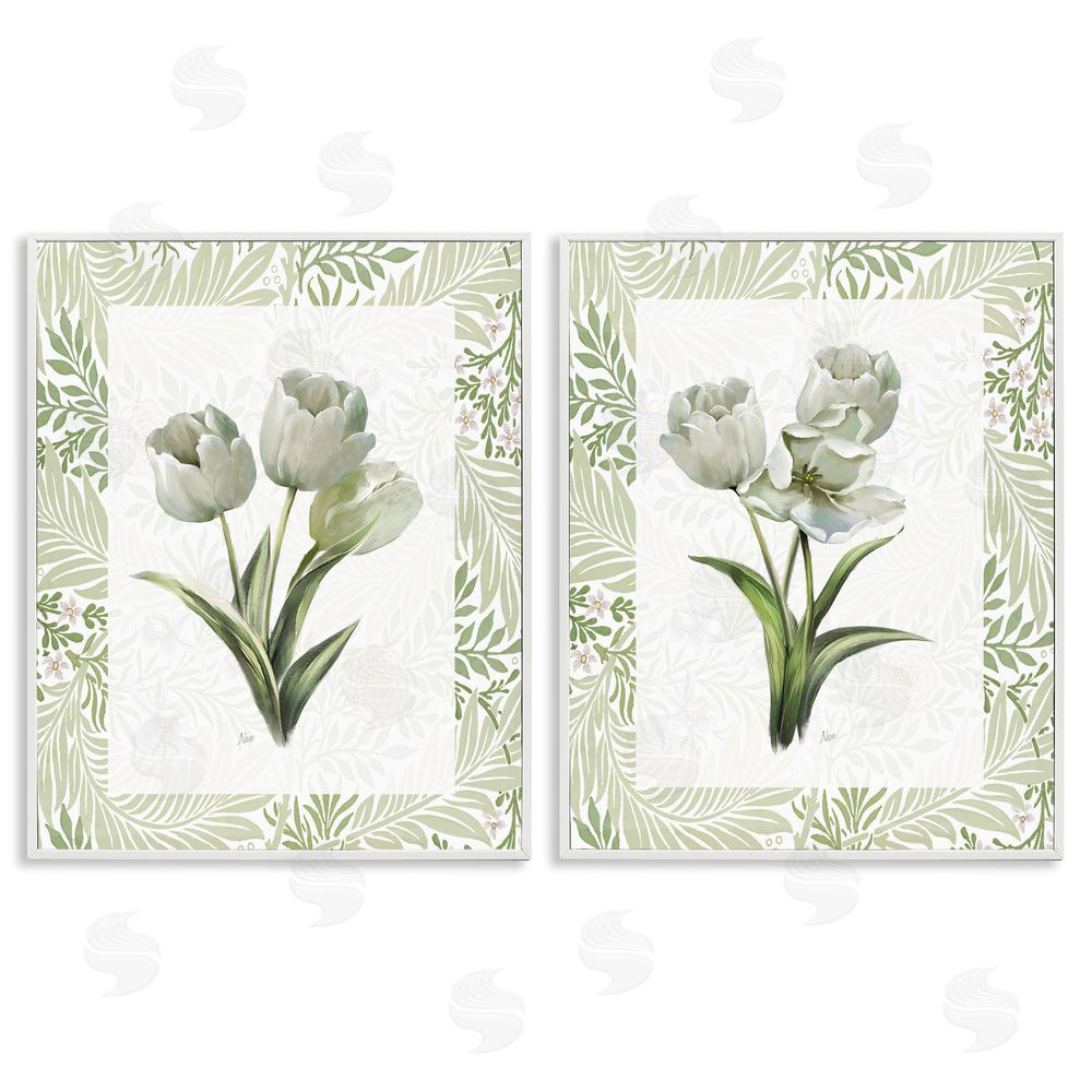 Nan Soft Green Tulip Trios White Framed Giclee Wall Art Print