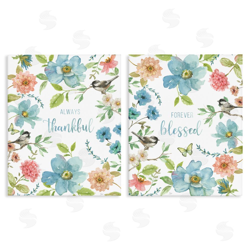 Nan Pink & Blue Gratitude Blooms Stretched Canvas Wall Art Print