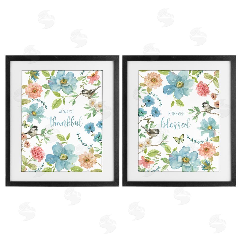 Nan Pink & Blue Gratitude Blooms Black Framed Print Under Glass Wall Art