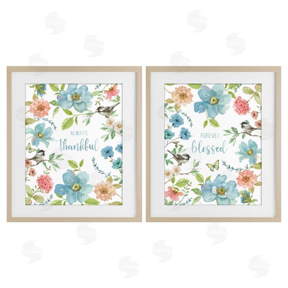 Nan Pink & Blue Gratitude Blooms Brown Framed Print Under Glass Wall Art