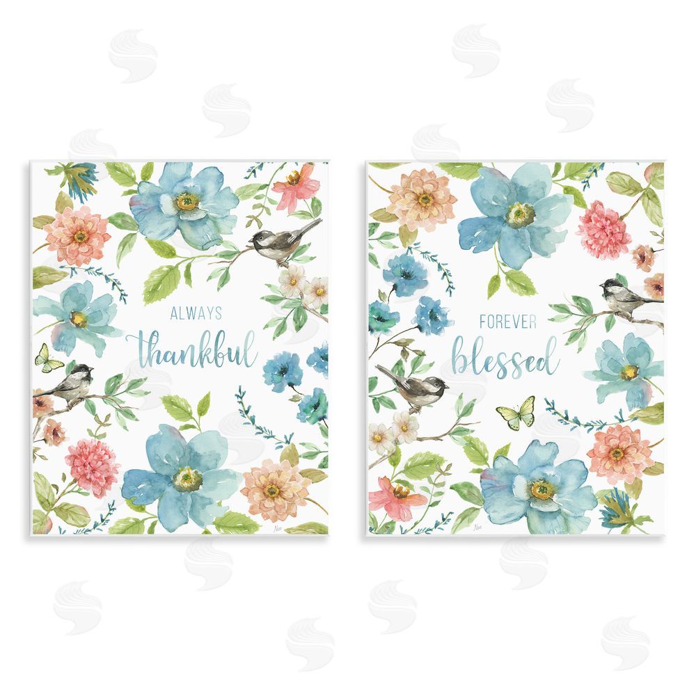 Nan Pink & Blue Gratitude Blooms Wooden Wall Plaque Art Print