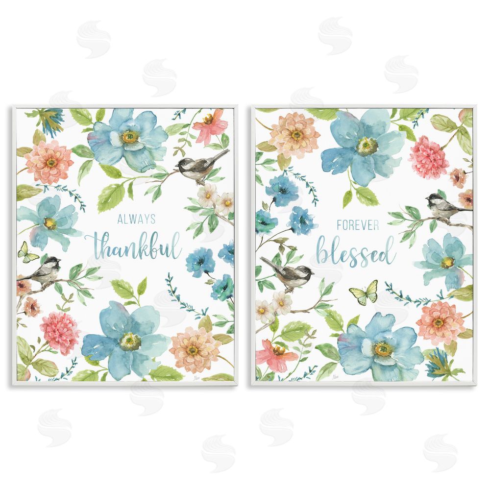 Nan Pink & Blue Gratitude Blooms White Framed Giclee Wall Art Print
