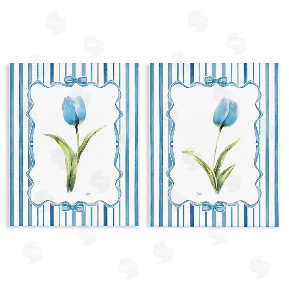 Nan Blue Tulips with Feminine Ribbon Stretched Canvas Wall Art Print