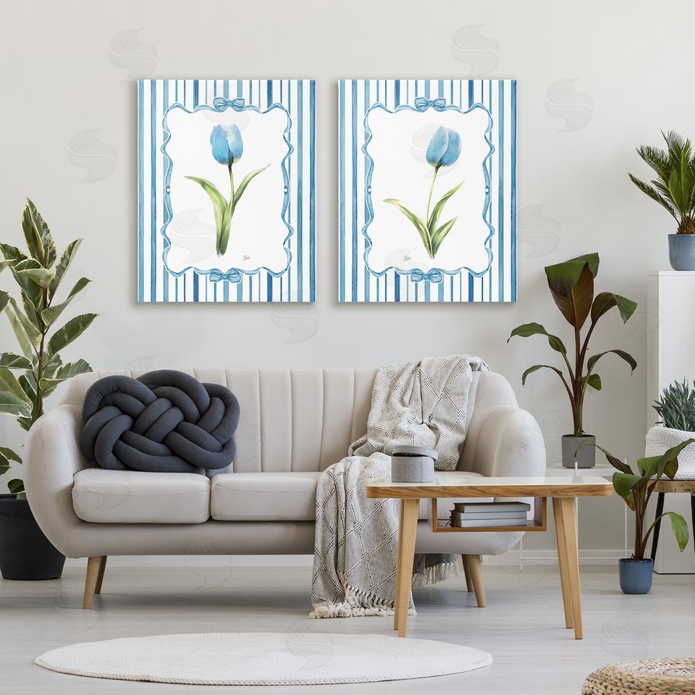 Nan Blue Tulips with Feminine Ribbon Stretched Cavas Wall Art Set in Room