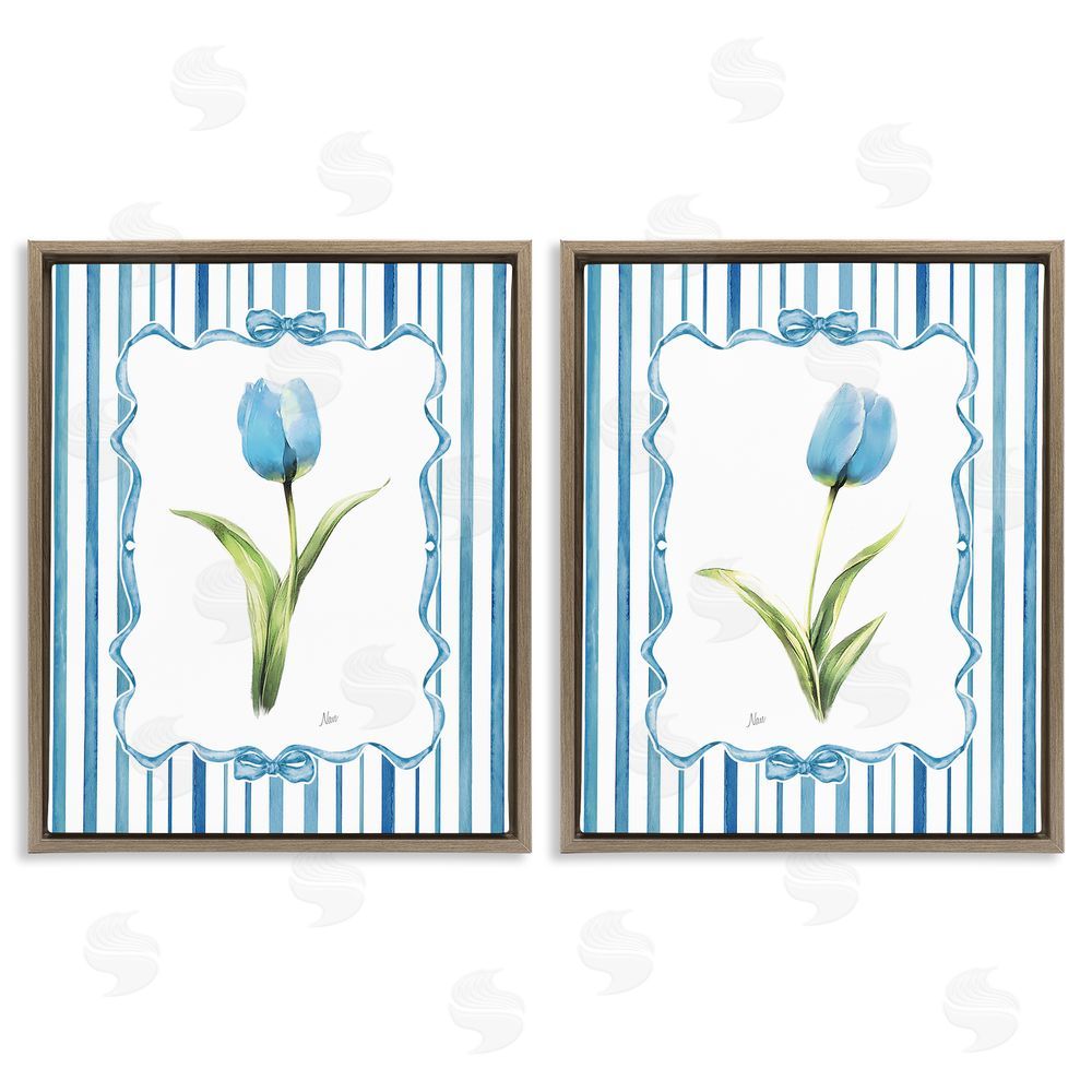 Nan Blue Tulips with Feminine Ribbon Brown Floating Frame Canvas Wall Art Print