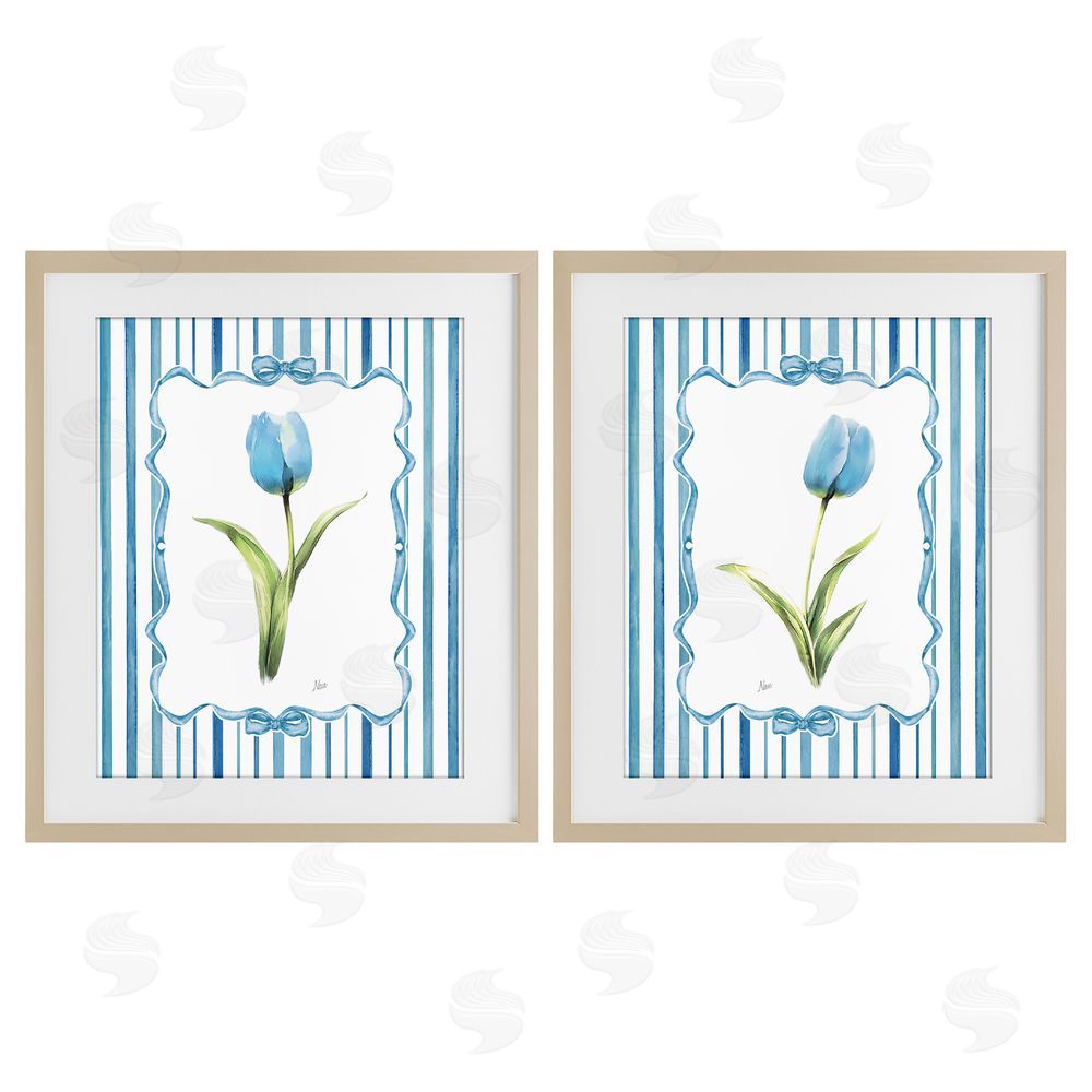 Nan Blue Tulips with Feminine Ribbon Brown Framed Print Under Glass Wall Art