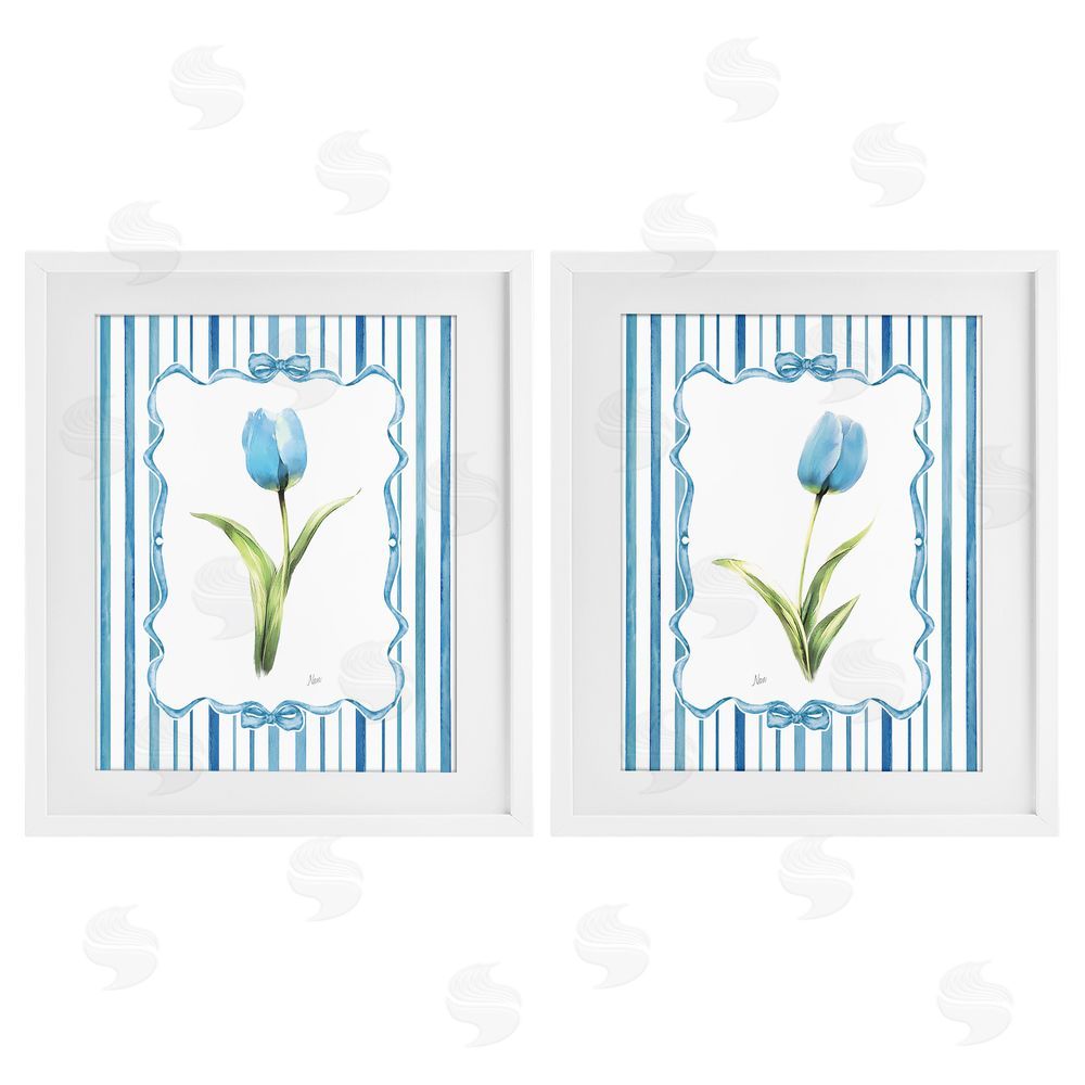 Nan Blue Tulips with Feminine Ribbon White Framed Print Under Glass Wall Art