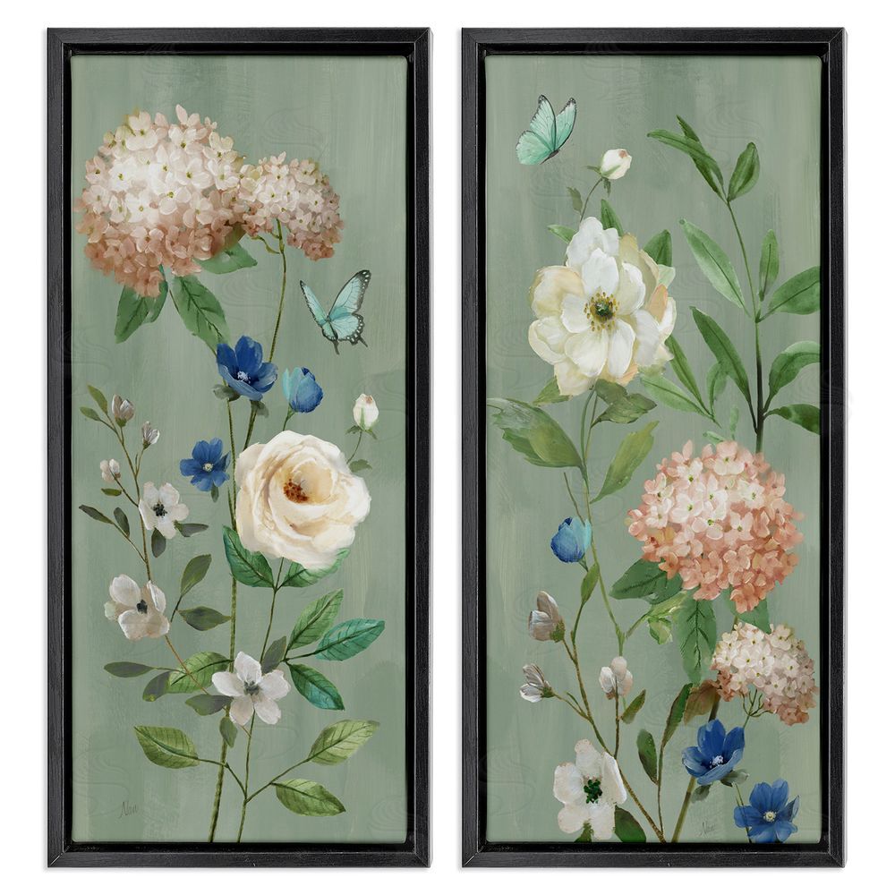 Nan Mint Hydrangeas & Roses Black Floating Frame Canvas Wall Art Print