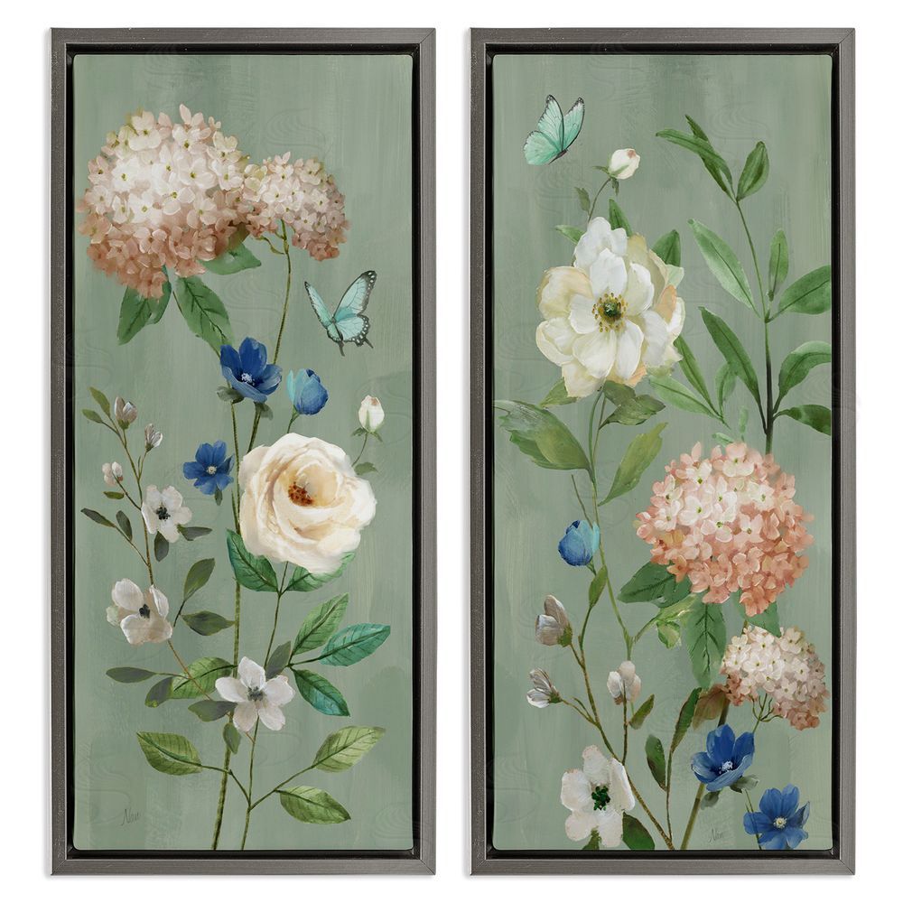 Nan Mint Hydrangeas & Roses Gray Floating Frame Canvas Wall Art Print