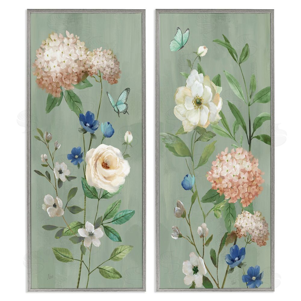 Nan Mint Hydrangeas & Roses Gray Framed Giclee Wall Art Print