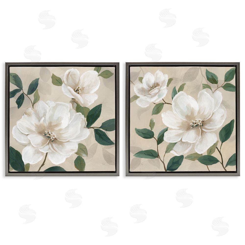 Nan Serene White Blossoms & Foliage Gray Floating Frame Canvas Wall Art Print