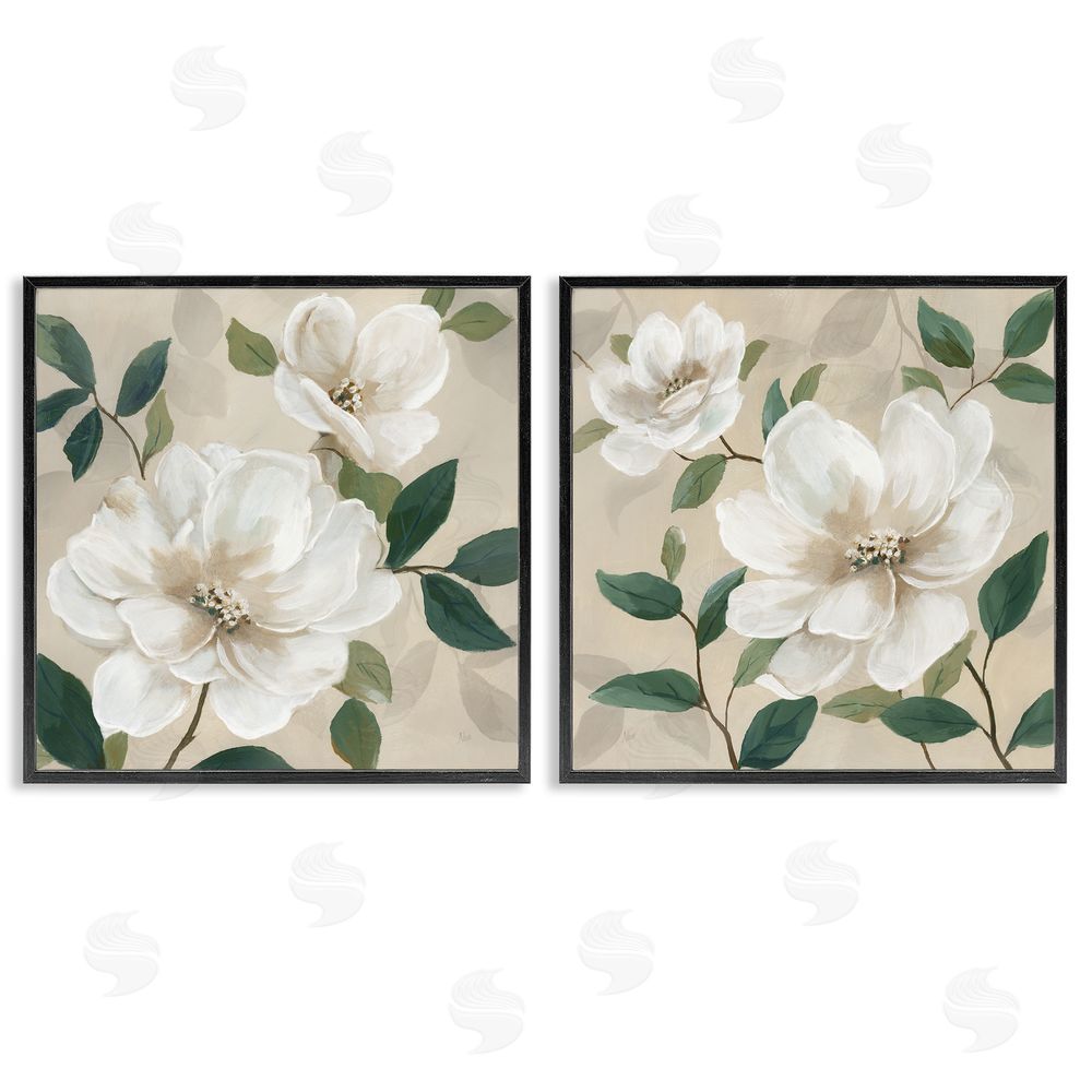 Nan Serene White Blossoms & Foliage Black Framed Giclee Wall Art Print
