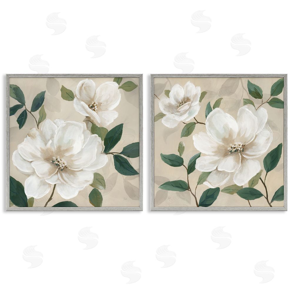Nan Serene White Blossoms & Foliage Gray Framed Giclee Wall Art Print
