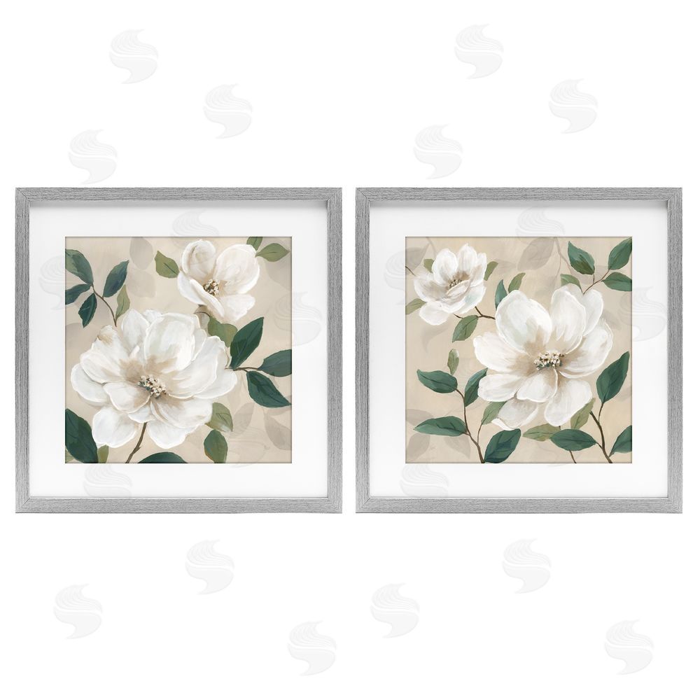 Nan Serene White Blossoms & Foliage Gray Framed Print Under Glass Wall Art