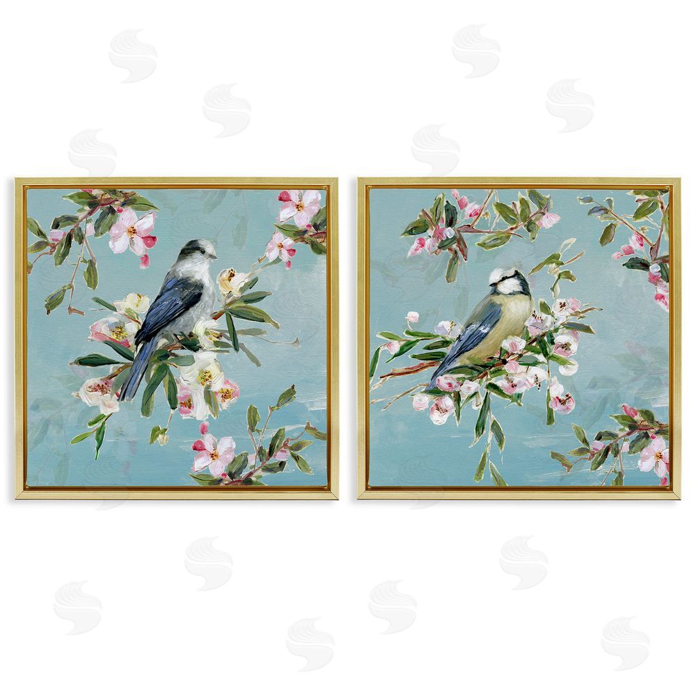 Sally Swatland Songbirds Among Spring Blossoms Gold Floating Frame Canvas Wall Art Print