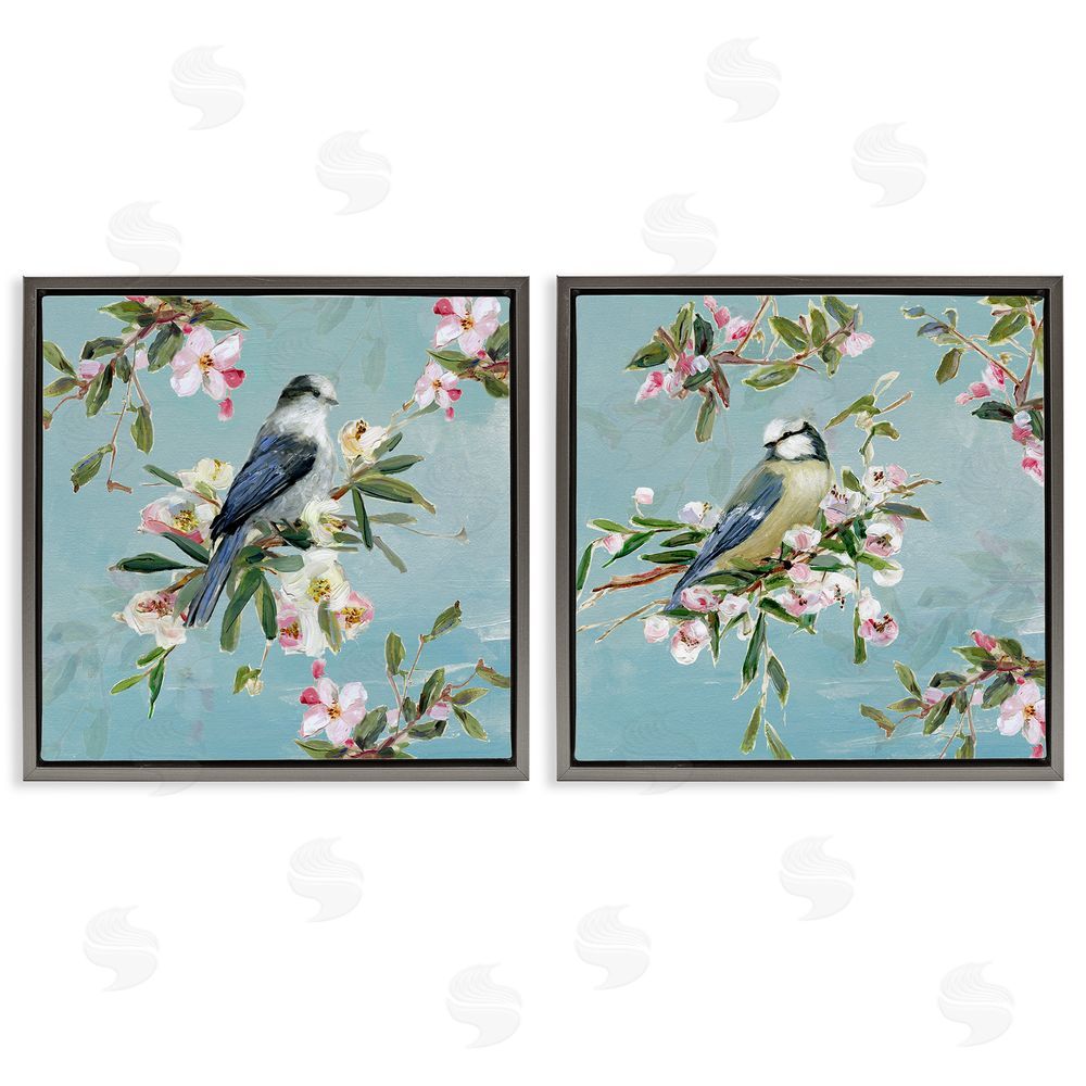 Sally Swatland Songbirds Among Spring Blossoms Gray Floating Frame Canvas Wall Art Print