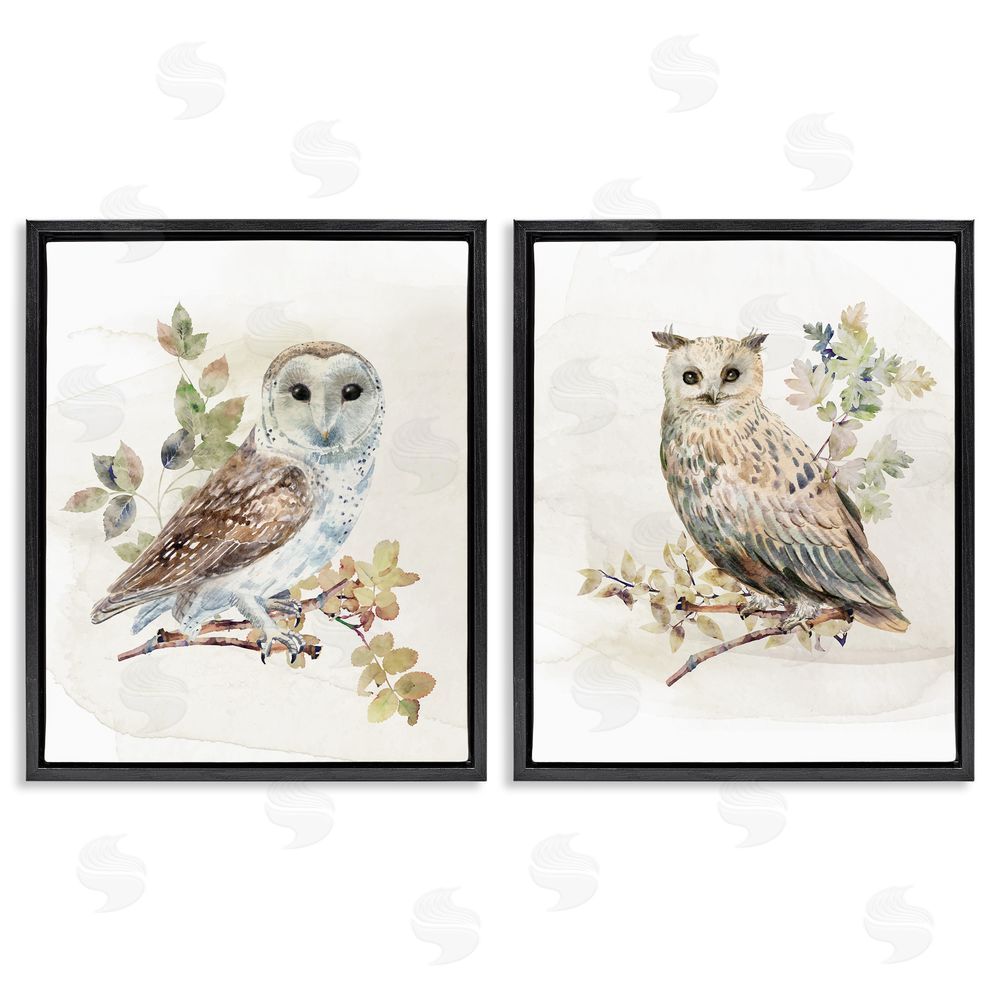CAD Designs Owls Perched in Foliage Black Floating Frame Canvas Wall Art Print