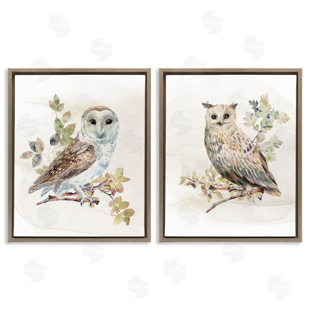 CAD Designs Owls Perched in Foliage Brown Floating Frame Canvas Wall Art Print