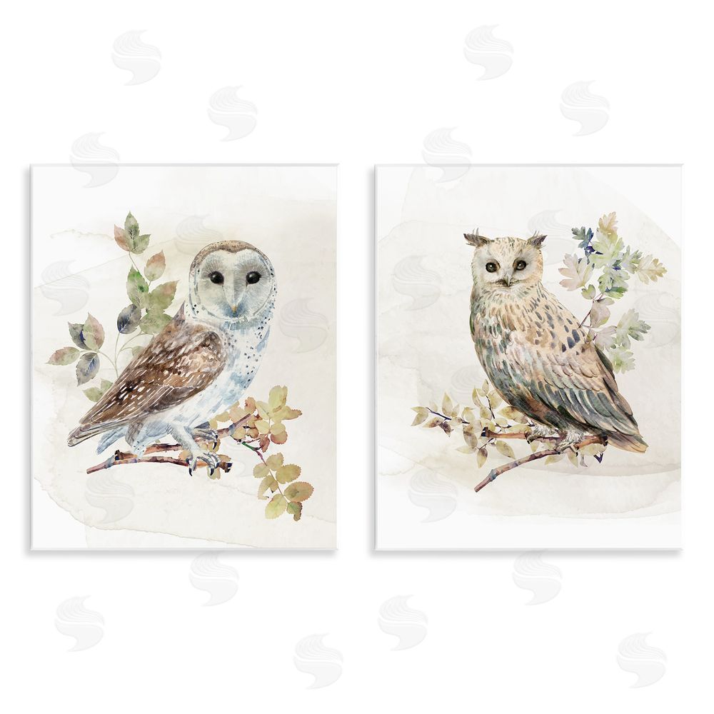 CAD Designs Owls Perched in Foliage Wooden Wall Plaque Art Print