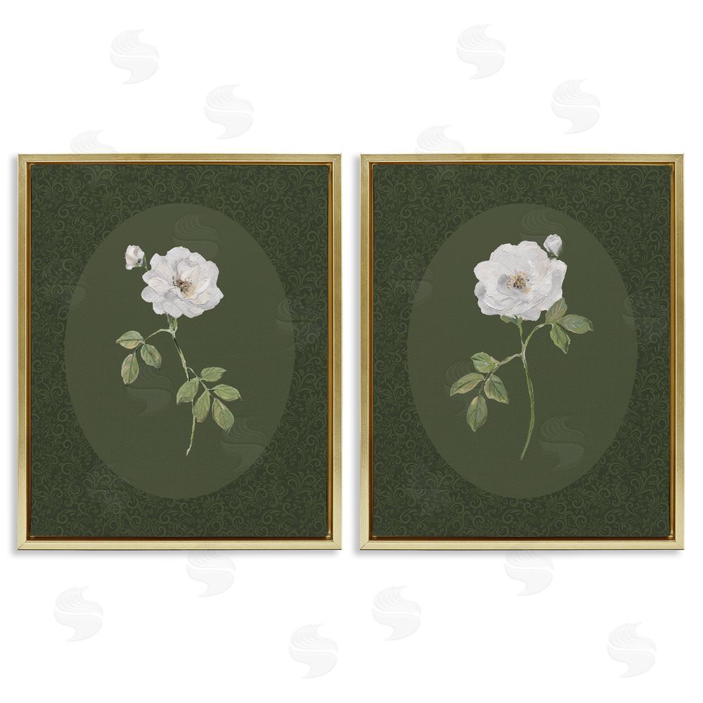 Sally Swatland Ornate Rose Studies over Emerald Gold Floating Frame Canvas Wall Art Print