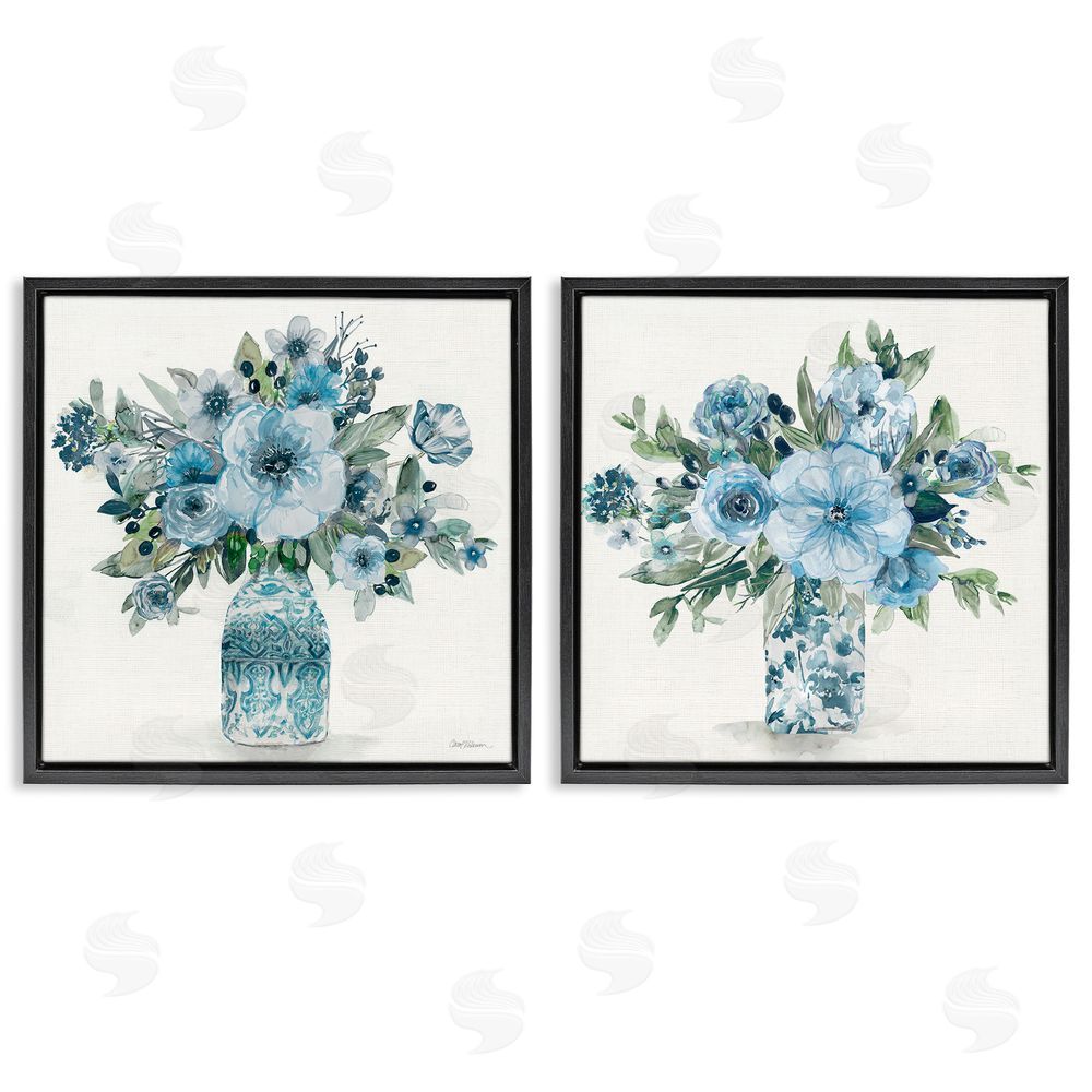 Carol Robinson Pastel Blue Floral Vase Arrangements Black Floating Frame Canvas Wall Art Print