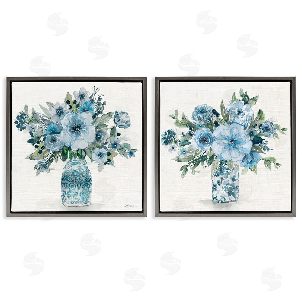 Carol Robinson Pastel Blue Floral Vase Arrangements Gray Floating Frame Canvas Wall Art Print