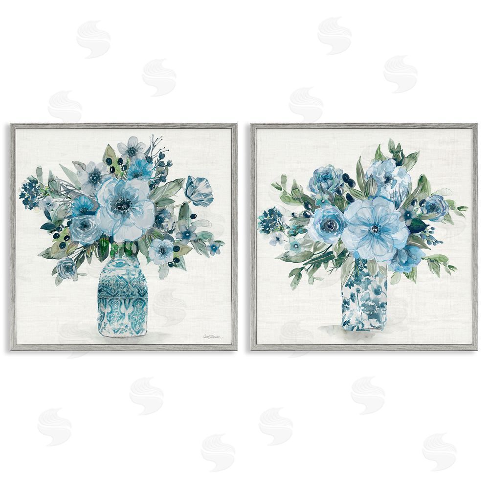 Carol Robinson Pastel Blue Floral Vase Arrangements Gray Framed Giclee Wall Art Print