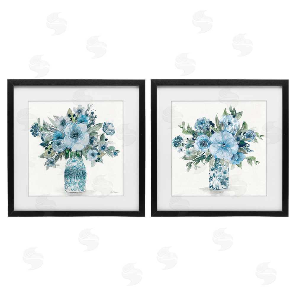 Carol Robinson Pastel Blue Floral Vase Arrangements Black Framed Print Under Glass Wall Art