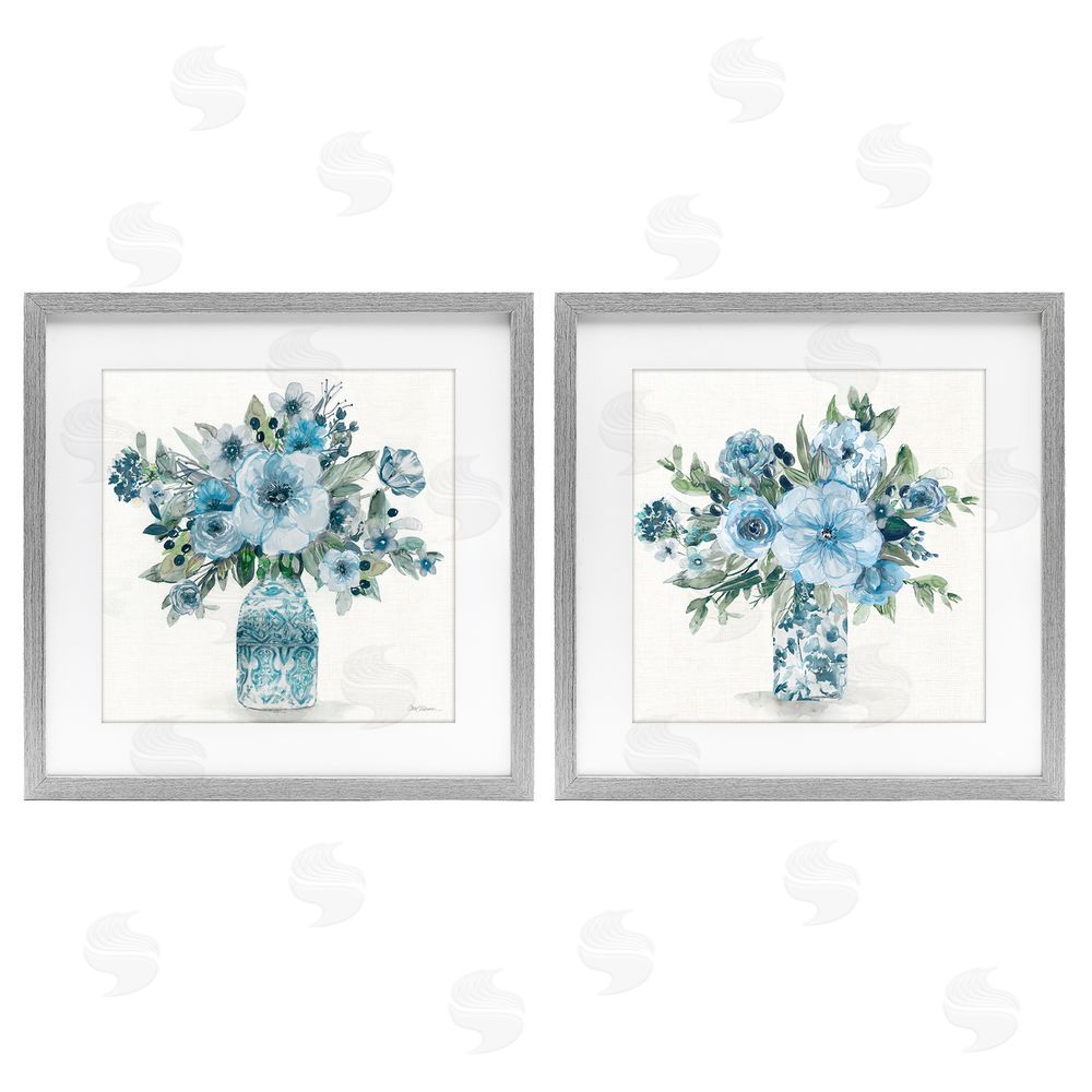 Carol Robinson Pastel Blue Floral Vase Arrangements Gray Framed Print Under Glass Wall Art