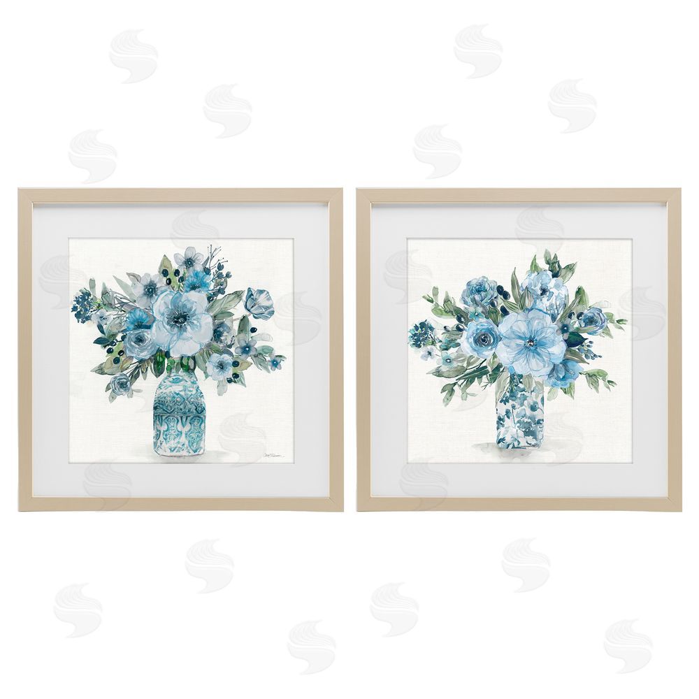 Carol Robinson Pastel Blue Floral Vase Arrangements Brown Framed Print Under Glass Wall Art
