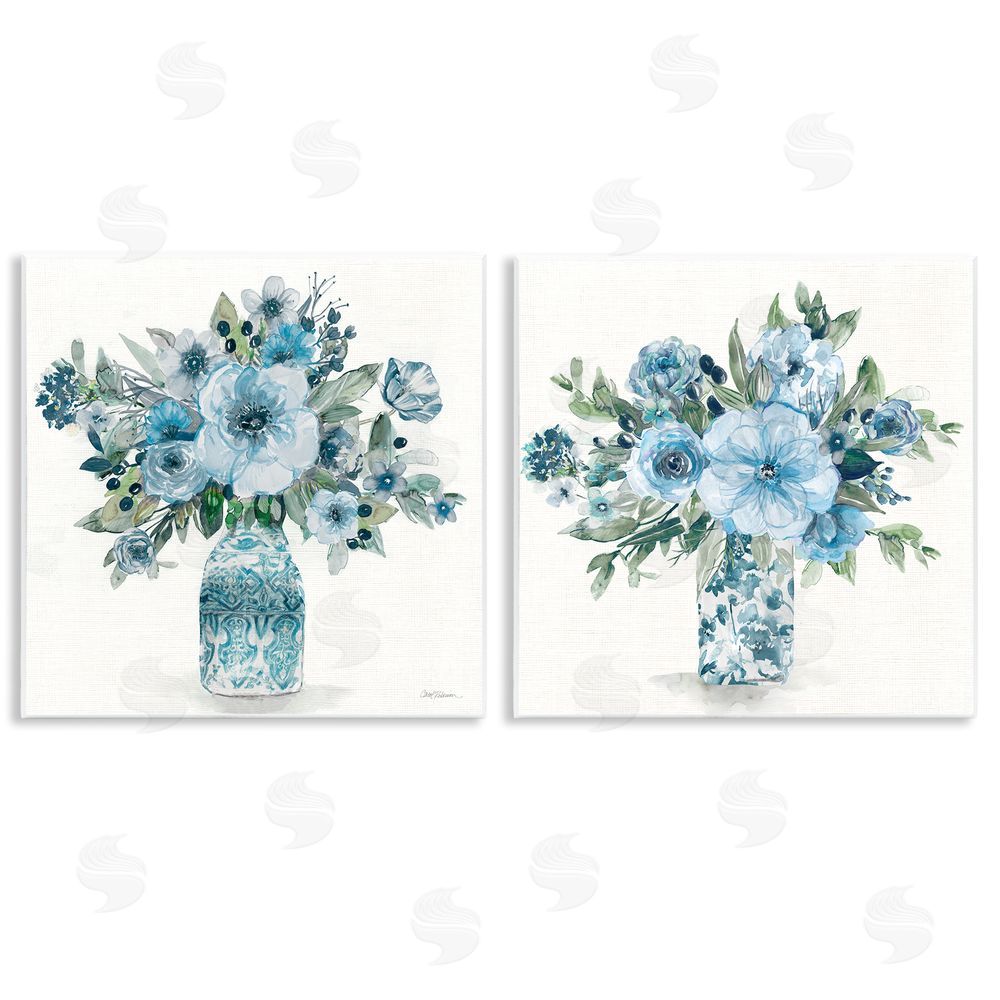 Carol Robinson Pastel Blue Floral Vase Arrangements Wooden Wall Plaque Art Print