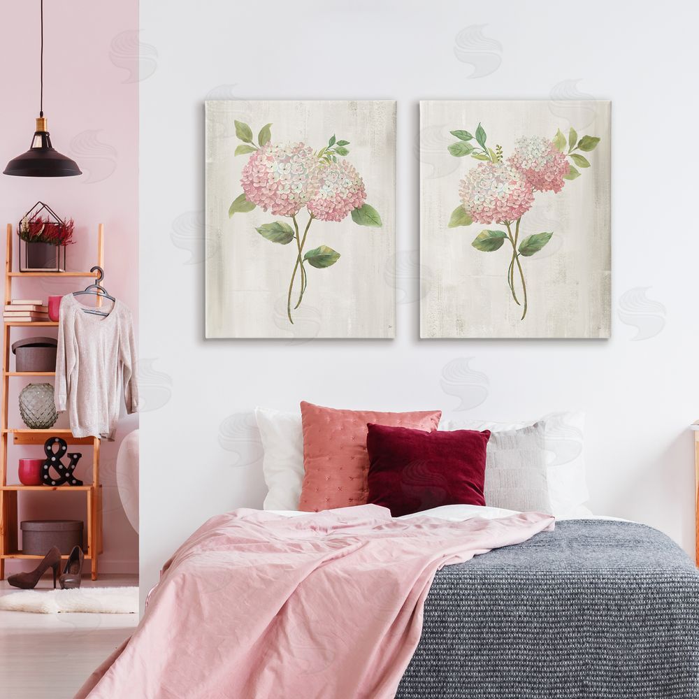 Nan Vintage Pink Hydrangea Pairs Stretched Cavas Wall Art Set in Room