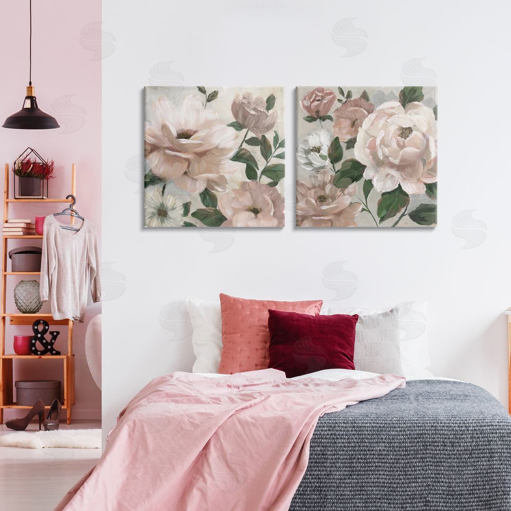 Nan Elegant Blush Peonies & Leaves Stretched Cavas Wall Art Set in Room