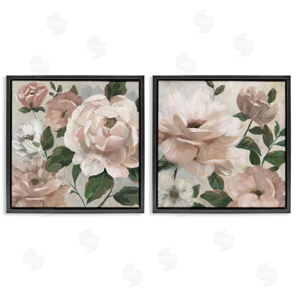 Nan Elegant Blush Peonies & Leaves Black Floating Frame Canvas Wall Art Print
