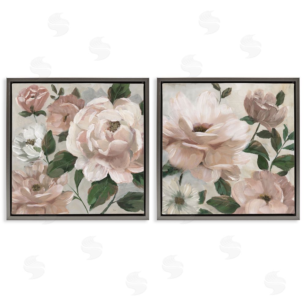 Nan Elegant Blush Peonies & Leaves Gray Floating Frame Canvas Wall Art Print